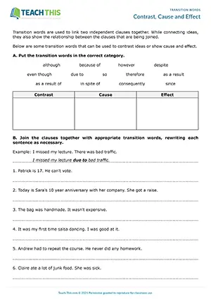 ESL contrast, cause and effect worksheet for intermediate B1, categorising, rewriting, gap-fill, and binary choice