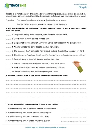 ESL despite worksheet for intermediate B1, identifying, error correction, matching, and writing sentences
