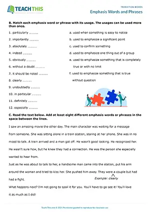 ESL emphasis words worksheet for upper-intermediate B2, gap-fill, matching, modifying sentences