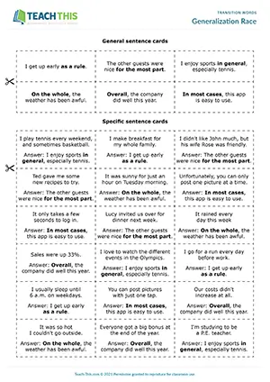 ESL generalization words game for intermediate B1, matching, group work, and sentence cards