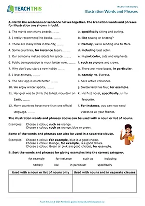 ESL illustration words worksheet for intermediate B1, matching, categorising, error correction, rewriting sentences