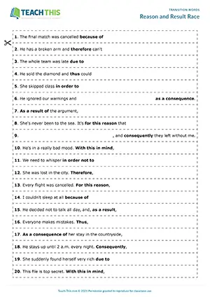 ESL reason and result race game for upper-intermediate B2, grammar, vocabulary, and sentence completion