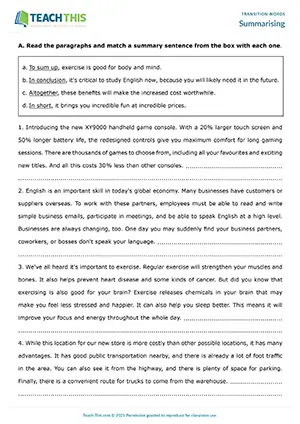 ESL summarising worksheet for intermediate B1, matching, reading, and writing summary sentences