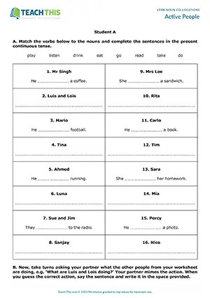 ESL verb-noun collocations activity for elementary A1-A2, information gap, matching, miming, and present continuous