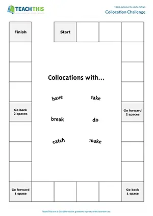 ESL verb-noun collocations board game for pre-intermediate A2, gap-fill, listening, and group activity
