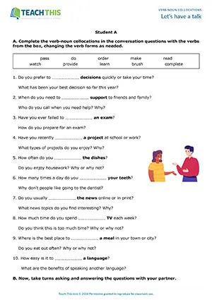ESL verb-noun collocations speaking activity for pre-intermediate A2, gap-fill, questions, pair and group work