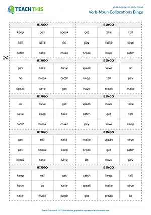 ESL verb-noun collocations bingo for pre-intermediate A2, listening, gap-fill, group game