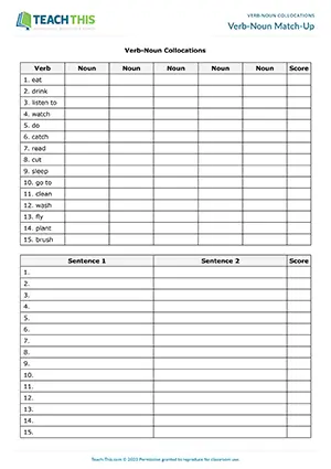 ESL verb-noun collocations game for elementary A1-A2, pelmanism, brainstorming, sentence writing, and pair work