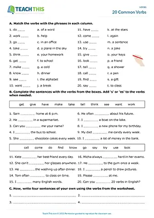 ESL common verbs worksheet preview for elementary A1-A2, showing matching, gap-fill, and writing exercises