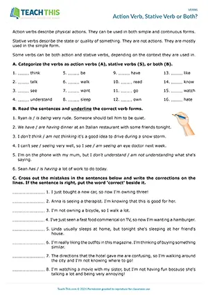 ESL action and stative verbs worksheet for intermediate B1, including categorising, gap-fill, error correction, and writing