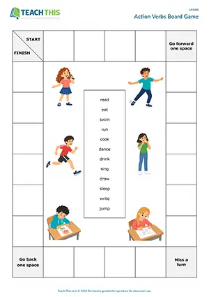 ESL action verbs board game preview: Beginner A1 students listen and complete sentences with action verbs in groups.