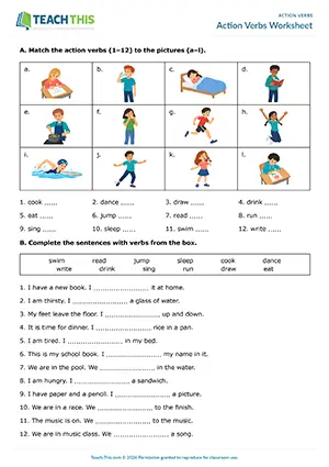 ESL action verbs flashcards and worksheet preview: Beginner A1 students learn 12 common action verbs through matching and gap-fill exercises.