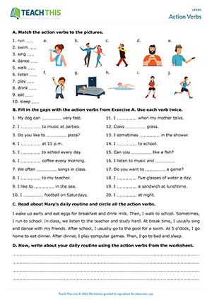 Action Verbs Worksheet Preview