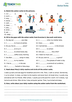 ESL action verbs worksheet preview for beginner A1, showing matching, gap-fill, daily routine writing, and identifying action verbs in text