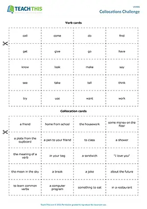 ESL verb collocation games preview for elementary A1-A2, showing pelmanism, sentence formation, and matching verb phrases