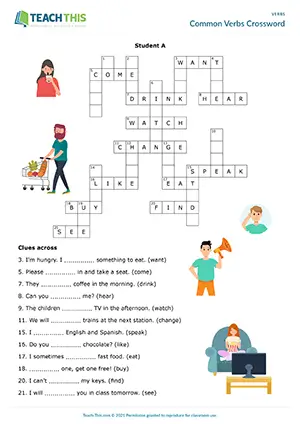 ESL common verbs crossword for beginner A1, featuring vocabulary clues, gap-fill, and pair work guessing