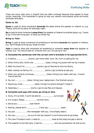 ESL confusing verbs worksheet for pre-intermediate A2, with binary choice, gap-fill, and writing exercises
