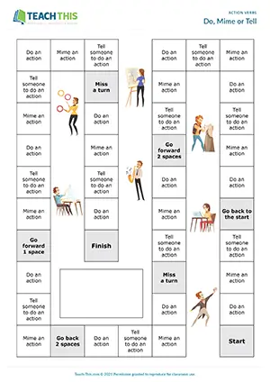 ESL action verbs board game for pre-intermediate A2, board game with miming and telling actions