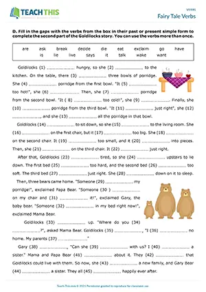 ESL verbs worksheet for pre-intermediate A2, focusing on error correction, gap-fill and matching verbs in Goldilocks story