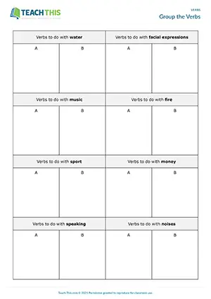 ESL verbs categorising game for upper-intermediate B2, featuring eight categories and pair work