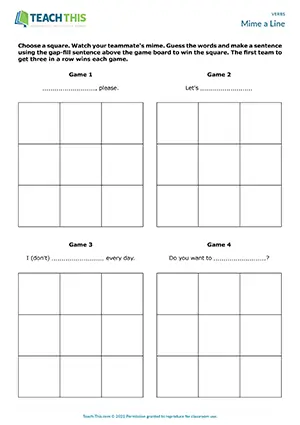 ESL verbs miming game preview for beginner A1, featuring miming, guessing, and sentence formation in pairs and groups