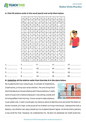 ESL stative verbs worksheet for pre-intermediate A2, featuring word search, error correction, and identifying stative verbs