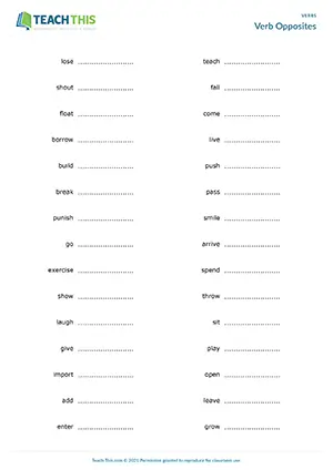 ESL verb opposites activity for pre-intermediate A2, featuring antonyms, sentence writing, and story creation