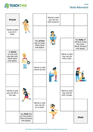 ESL verbs board game preview for elementary A1-A2, including sentence creation, group work, and vocabulary practice