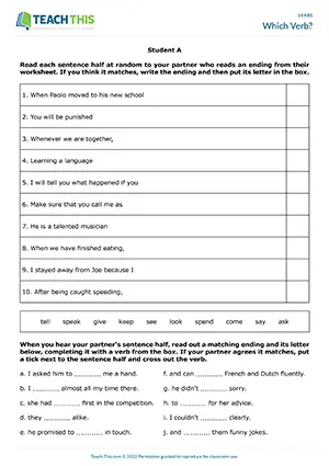 ESL verbs collocations activity for intermediate B1, with matching, gap-fill, and sentence completion in pairs