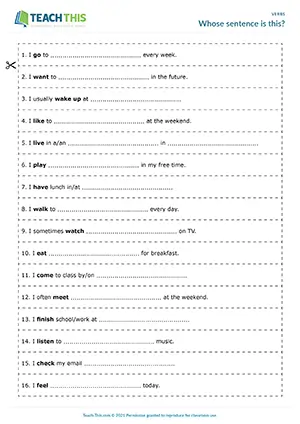 ESL verbs group game for elementary A1-A2, showing sentence writing, guessing, and group work