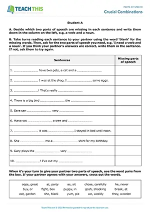 ESL Parts of Speech Game - Vocabulary: Identifying, Gap-fill, Guessing - Pair Work - Intermediate (B1) - Crucial Combinations worksheet preview