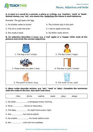 ESL Parts of Speech Worksheet - Grammar and Vocabulary Exercises: Identifying, Multiple Choice, Gap-fill, Writing Sentences - Elementary (A1-A2) - Nouns, Adjectives and Verbs worksheet preview