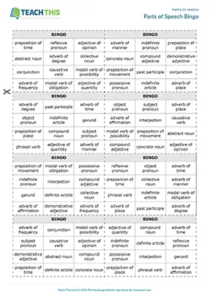 ESL Parts of Speech Game - Vocabulary and Listening: Matching - Group Work - Advanced (C1) - Parts of Speech Bingo worksheet preview
