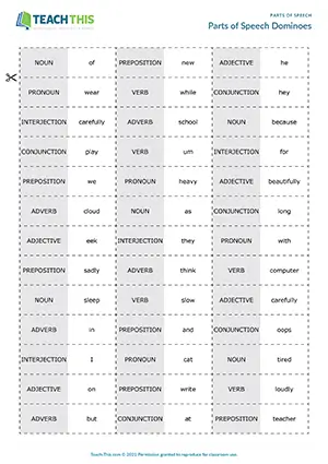 ESL Parts of Speech Game - Grammar, Vocabulary and Speaking: Matching, Forming Sentences from Prompts - Group Work - Intermediate (B1) - Parts of Speech Dominoes worksheet preview