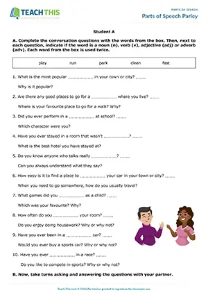 ESL Parts of Speech Activity - Vocabulary and Speaking: Gap-fill, Categorising, Asking and Answering Questions, Controlled and Freer Practice - Group and Pair Work - Pre-intermediate (A2) - Parts of Speech Parley worksheet preview