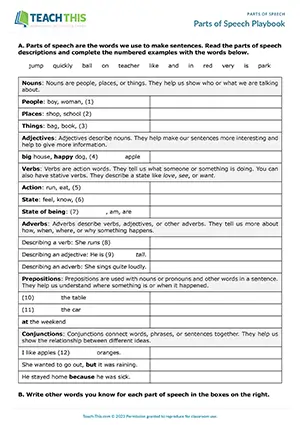 ESL Parts of Speech Worksheet - Grammar and Vocabulary Exercises: Gap-fill, Providing Vocabulary, Identifying, Sentence Completion - Elementary (A1-A2) - Parts of Speech Playbook worksheet preview