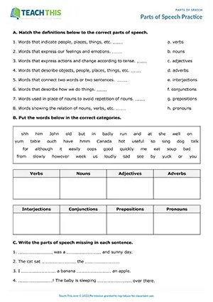 ESL Parts of Speech Worksheet - Grammar and Vocabulary Exercises: Matching, Categorizing, Identifying, Gap-fill - Intermediate (B1) - Parts of Speech Practice worksheet preview