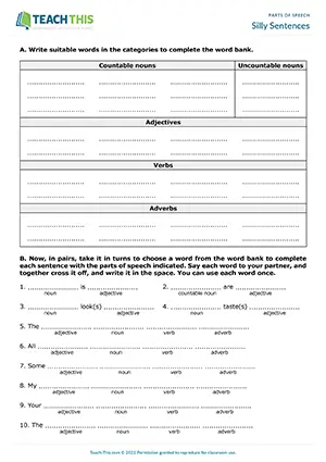 ESL Parts of Speech Activity - Vocabulary and Grammar: Brainstorming, Categorising, Forming Sentences - Pair Work - Pre-intermediate (A2) - Silly Sentences worksheet preview