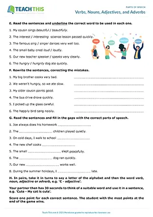 ESL Parts of Speech Worksheet - Vocabulary Exercises: Categorising, Unscrambling, Binary Choice, Error Correction, Gap-fill - Speaking Game: Forming Sentences - Pair Work - Pre-intermediate (A2) - Verbs, Nouns, Adjectives, and Adverbs worksheet preview