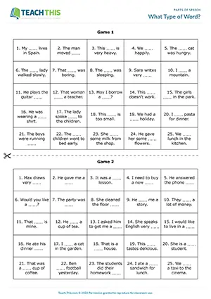 ESL Parts of Speech Game - Grammar: Gap-fill, Guessing, Sentence Completion, Freer Practice - Group Work - Pre-intermediate (A2) - What Type of Word? worksheet preview