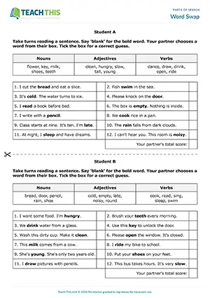 ESL Parts of Speech Game - Grammar, Vocabulary and Speaking: Identifying, Guessing - Pair Work - Elementary (A1-A2) - Word Swap worksheet preview