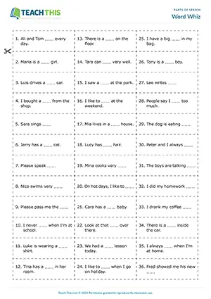 ESL Parts of Speech Game - Grammar: Identifying, Matching, Providing Vocabulary, Gap-fill - Group Work - Elementary (A1-A2) - Word Whiz worksheet preview