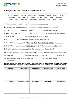 ESL Parts of Speech Worksheet - Grammar Exercises: Gap-fill, Identifying, Categorising, Error Correction, Unscrambling - Upper-intermediate (B2) - Word Wizard worksheet preview